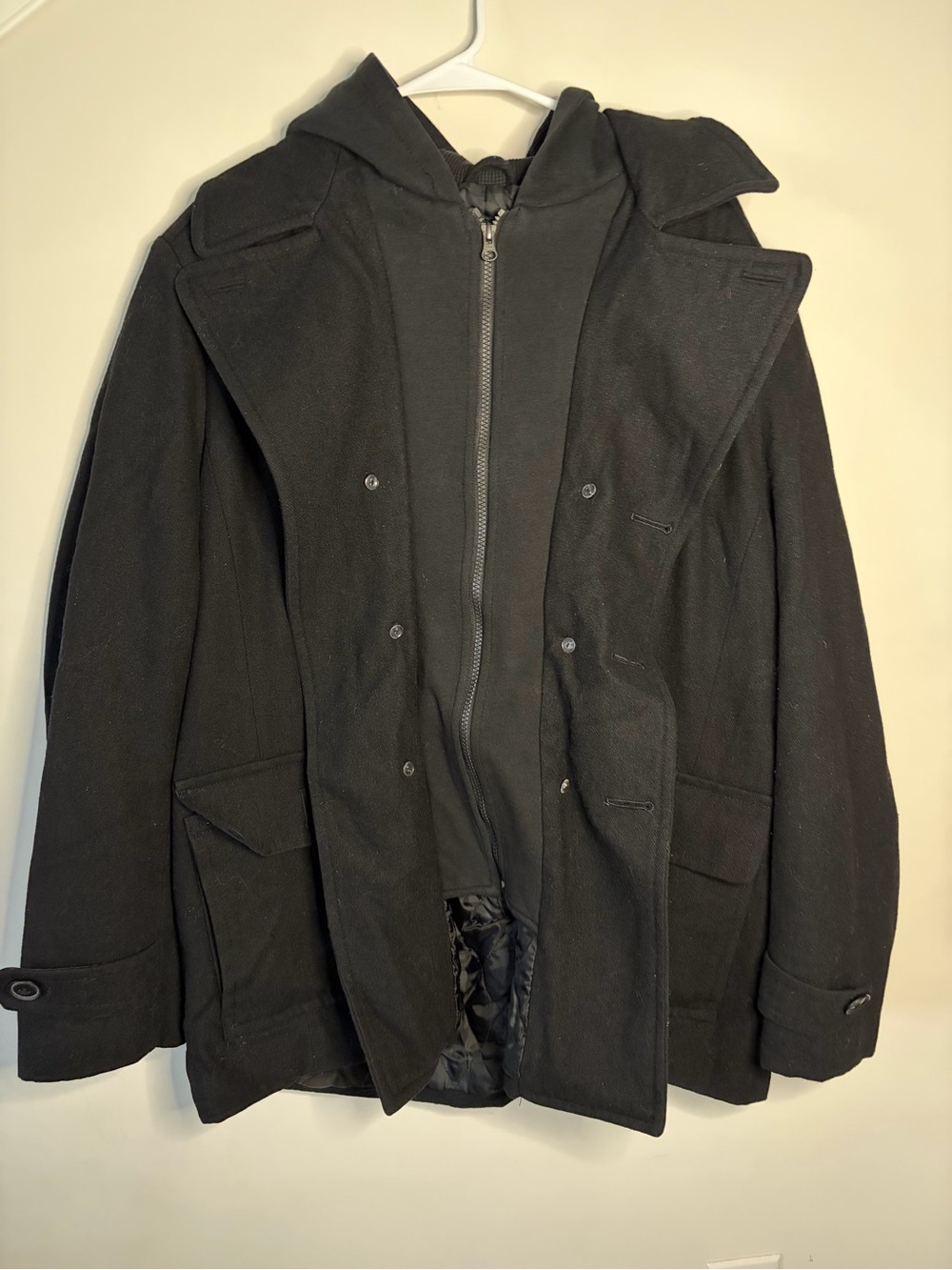 JF J Ferrar Mens XL Black Wool Blend Hooded Car Coat Pea Coat Full Zip Jacket